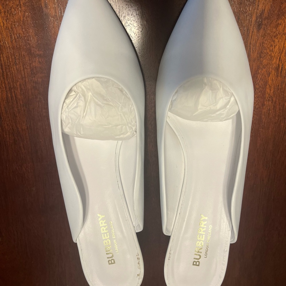 Burberry White Pointed Toe Leather Flats